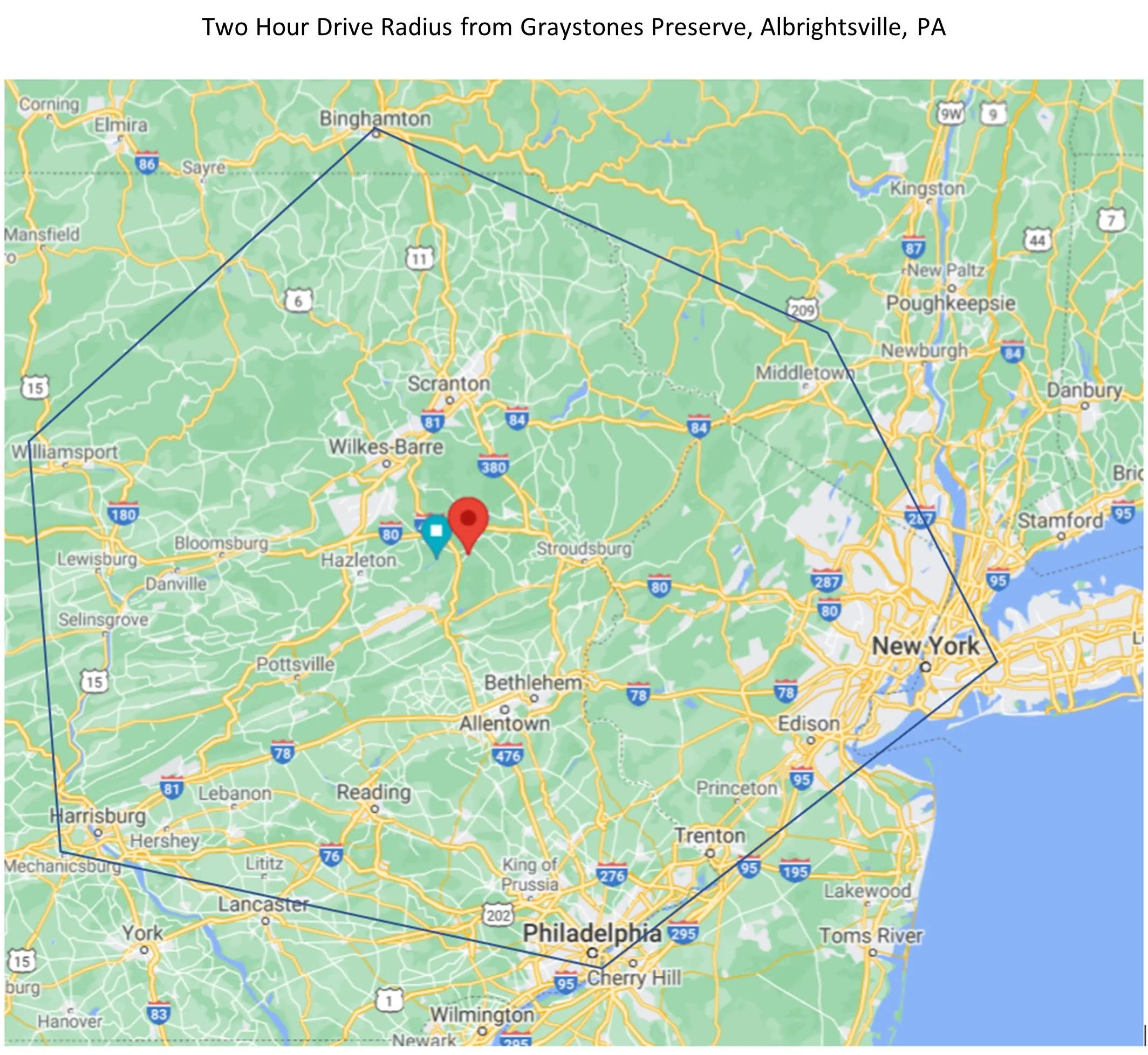 2-hour drive radius from Graystones Preserve showing proximity to Philadelphia and NYC