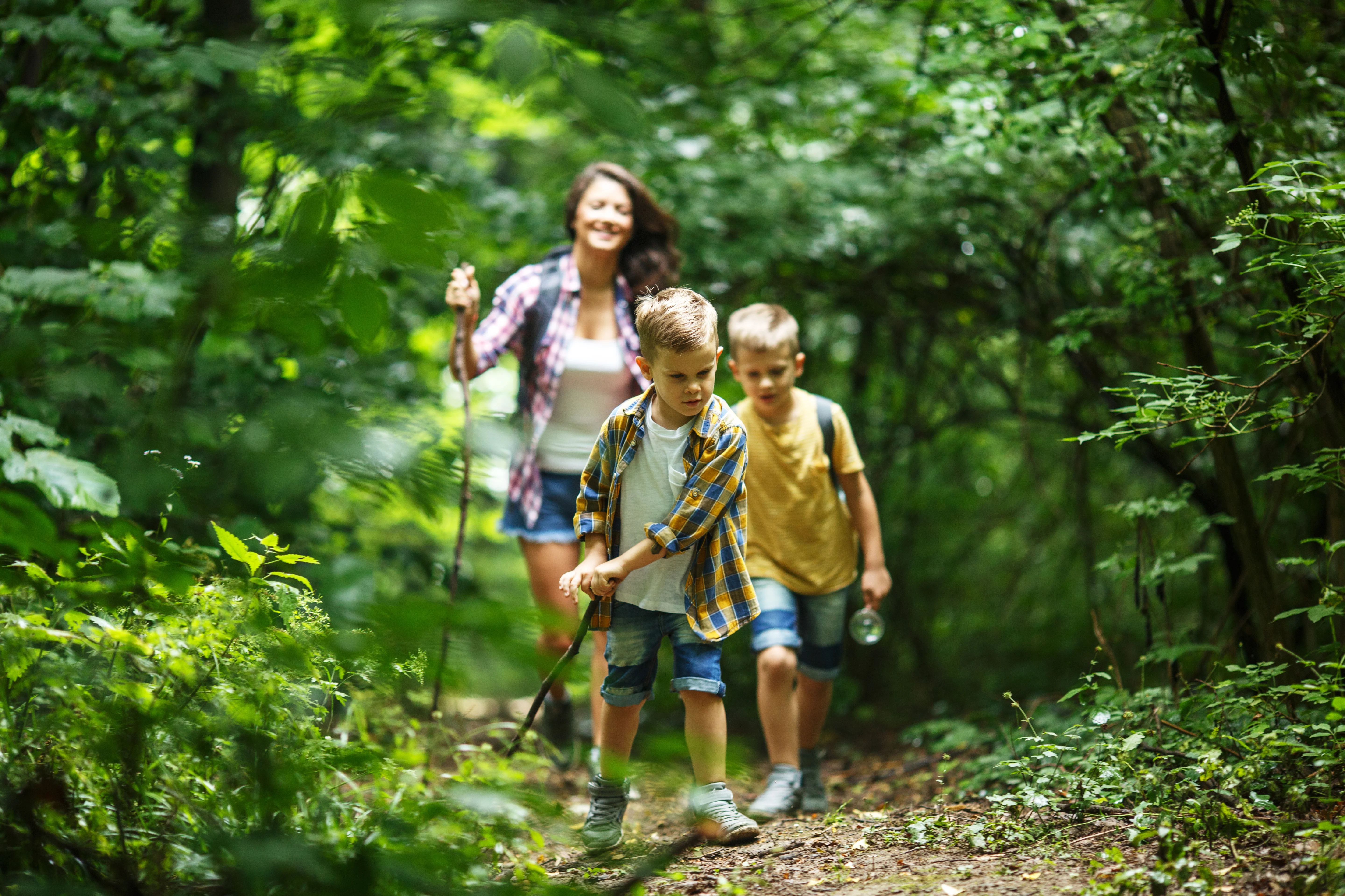 Mother hiking with two boys on the trail
