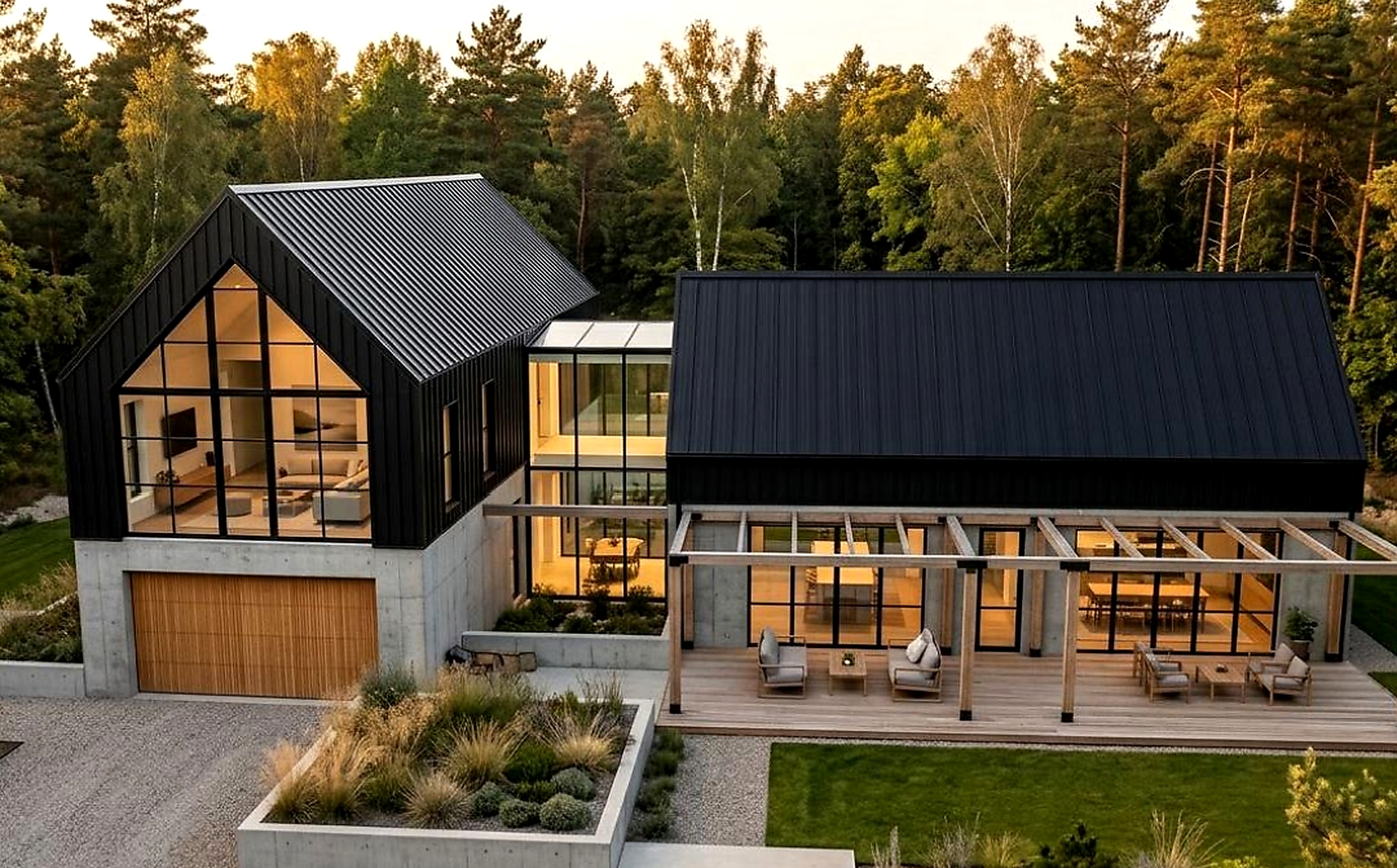 Modern steel-framed luxury home set within a forest