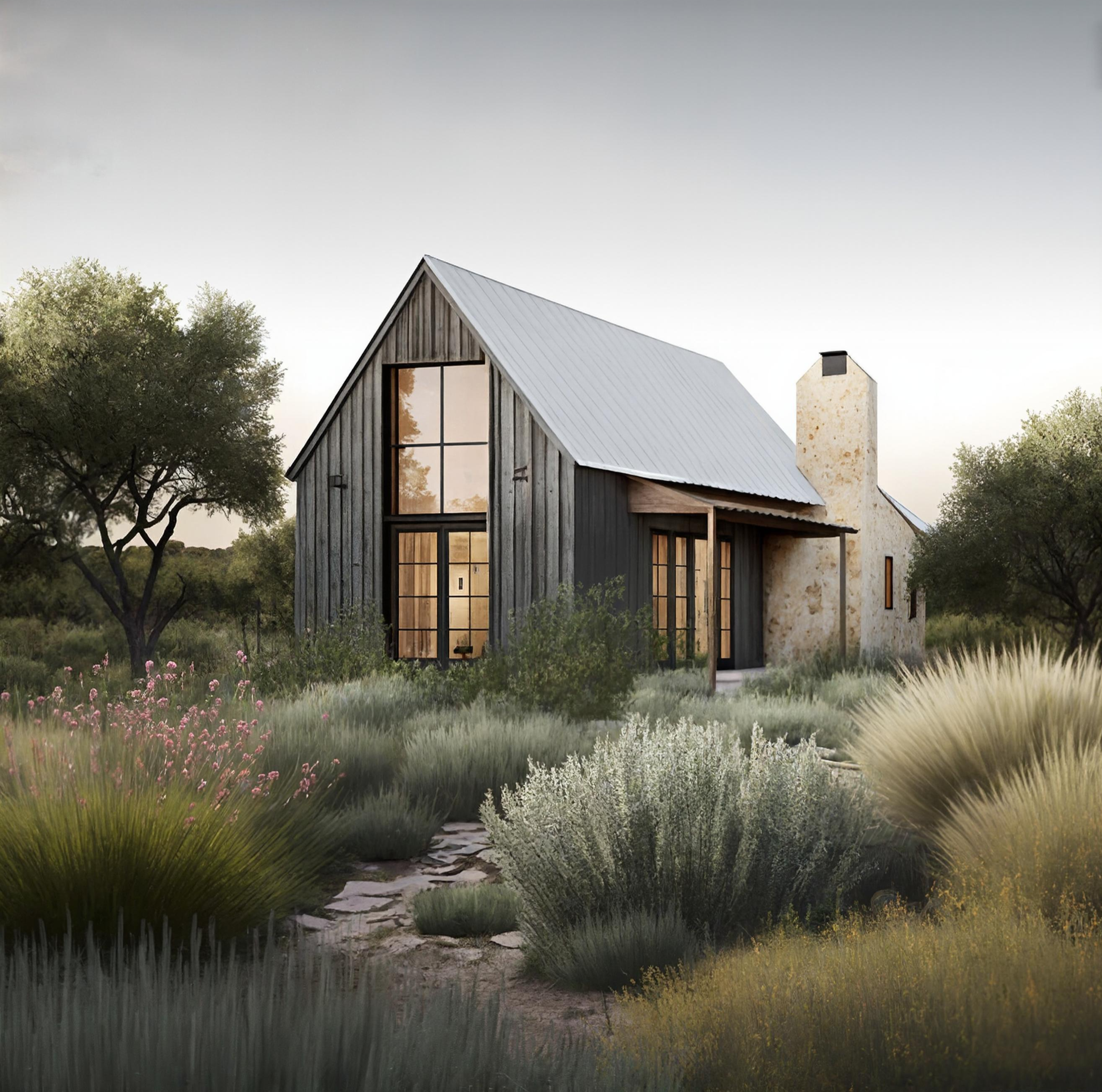 Cottage-style home with stone chimney and wildflower garden