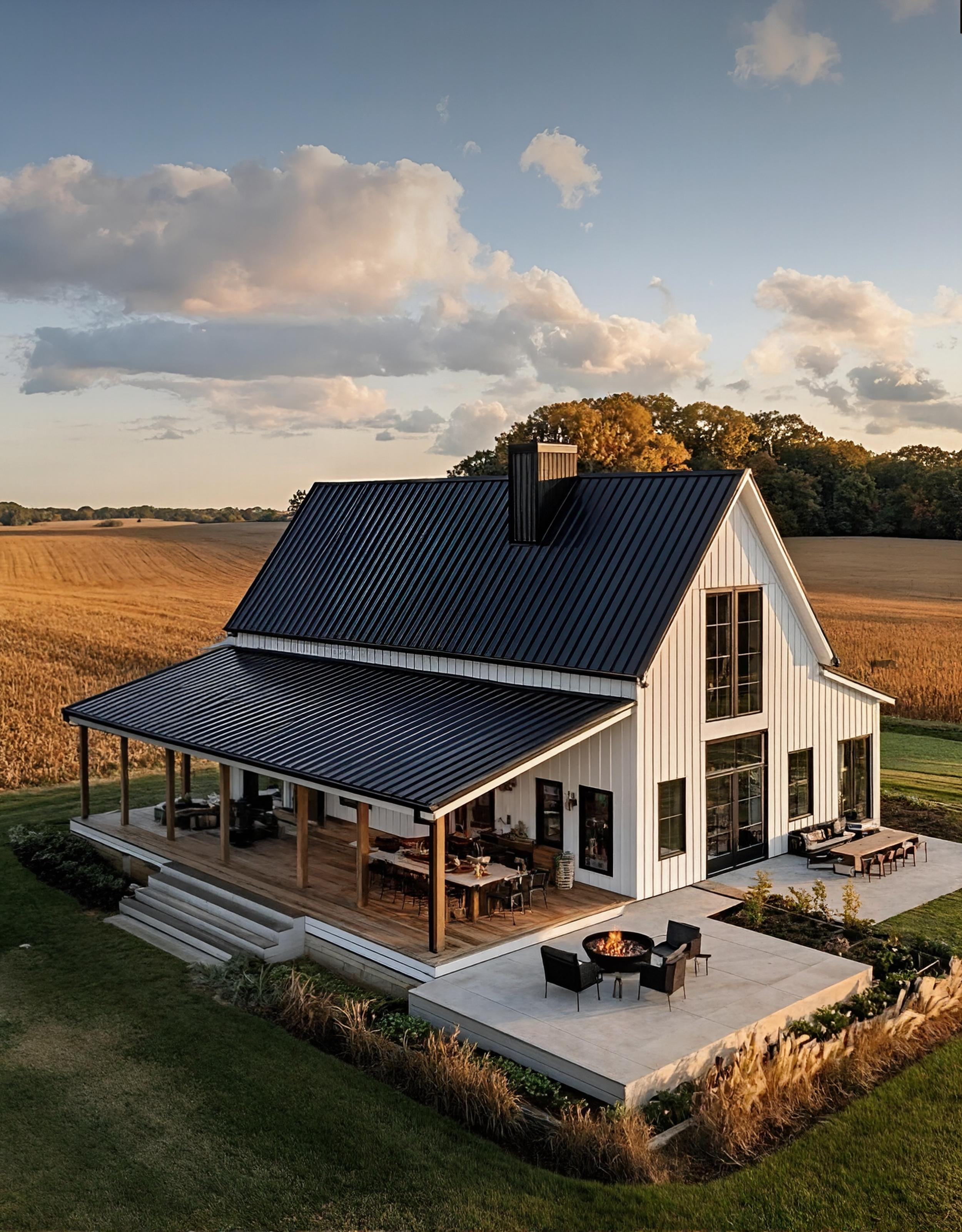 White farmhouse with wraparound porch and fire pit