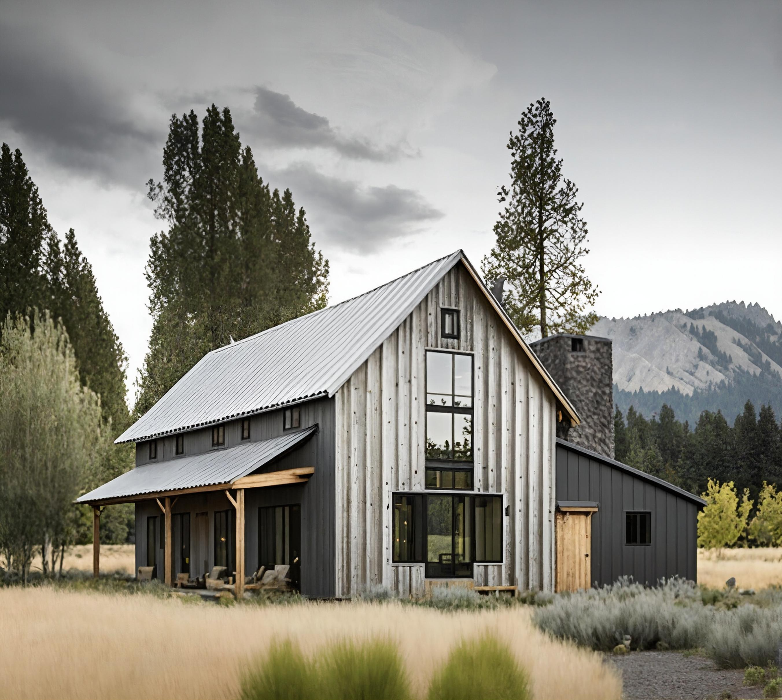 Barn-style home with mountain backdrop