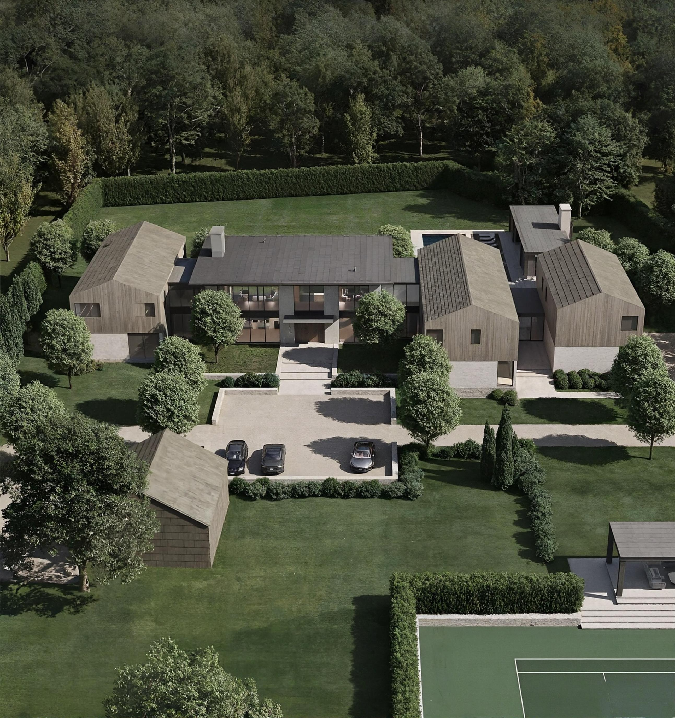 Aerial view of luxury estate with courtyard