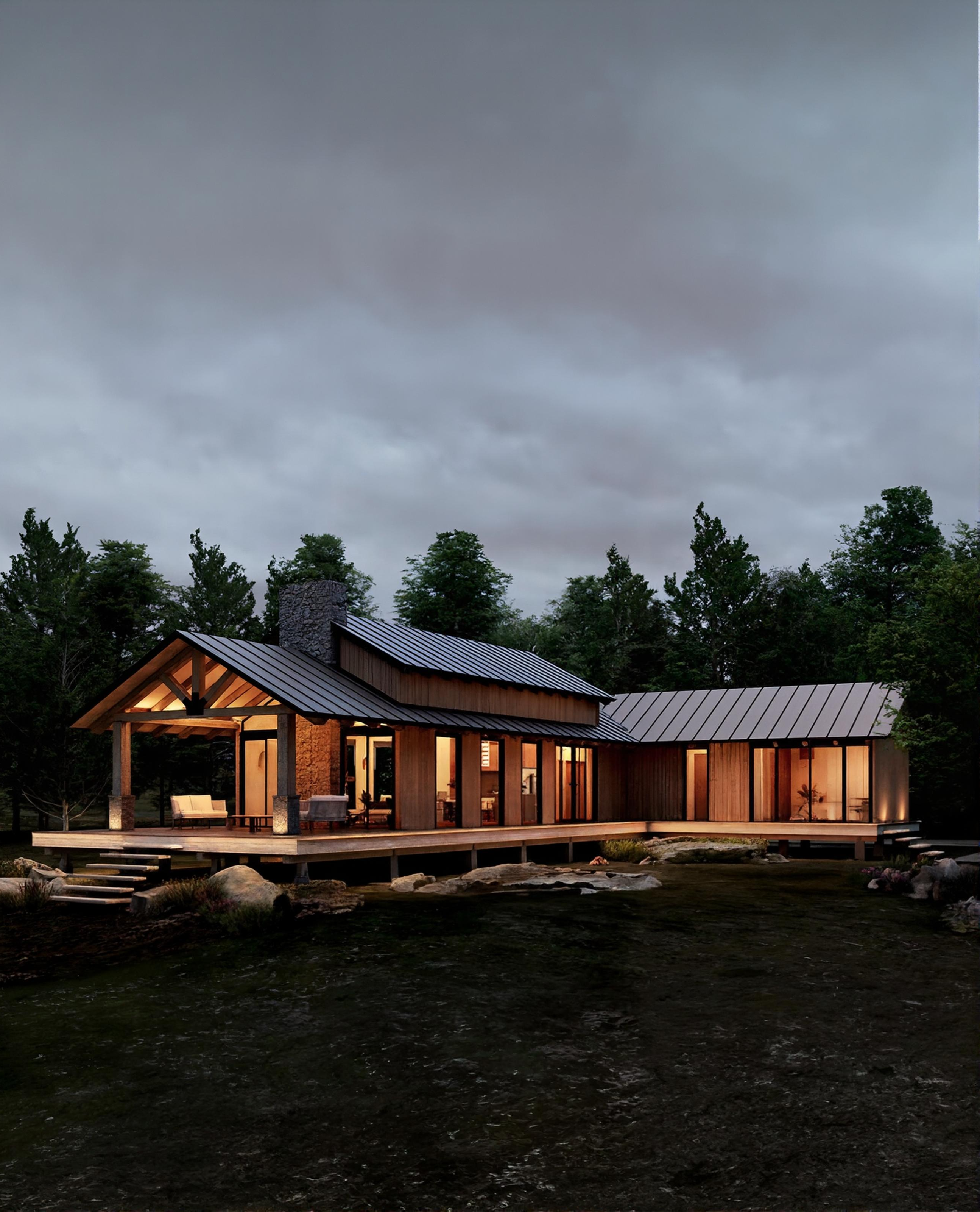 Lakeside mid-sized home lit at dusk