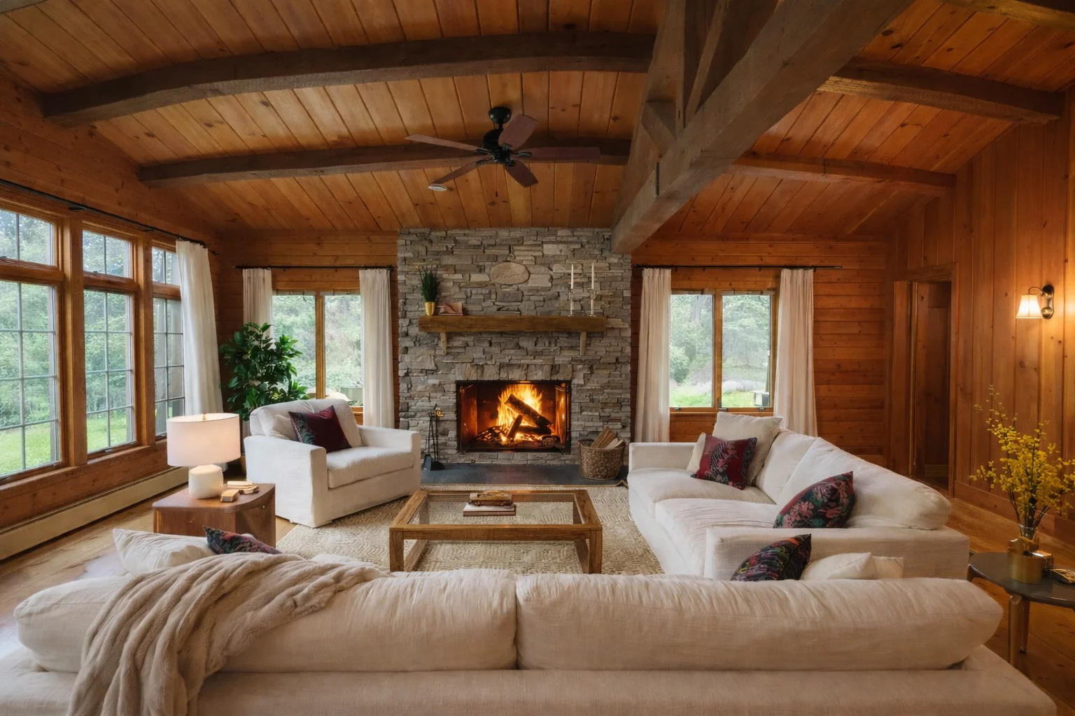 Log Cabin interior with fieldstone fireplace at Graystones Preserve