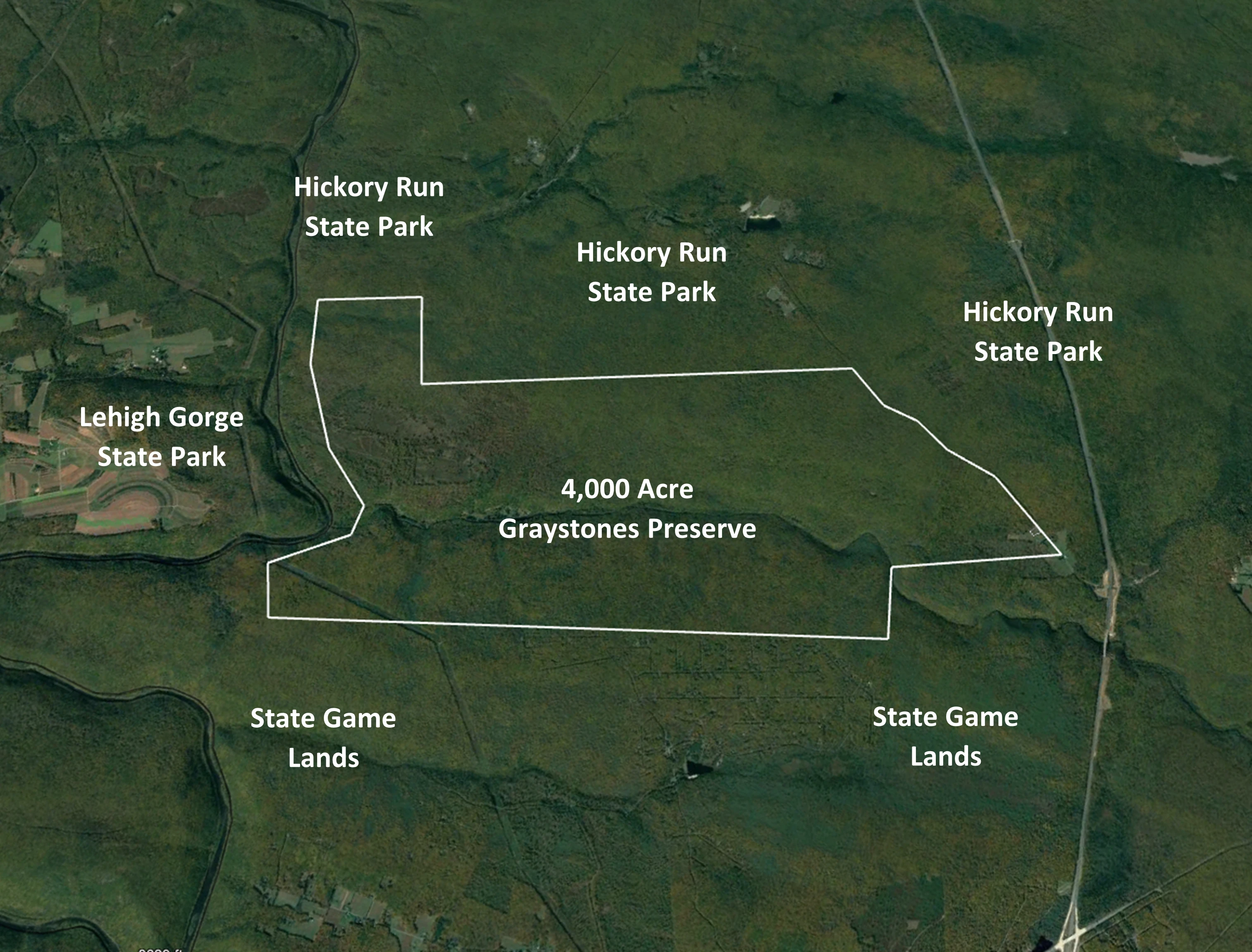 Aerial satellite map showing 4,000-Acre Graystones Preserve outlined in white, surrounded by Hickory Run State Park, Lehigh Gorge State Park, and State Game Lands