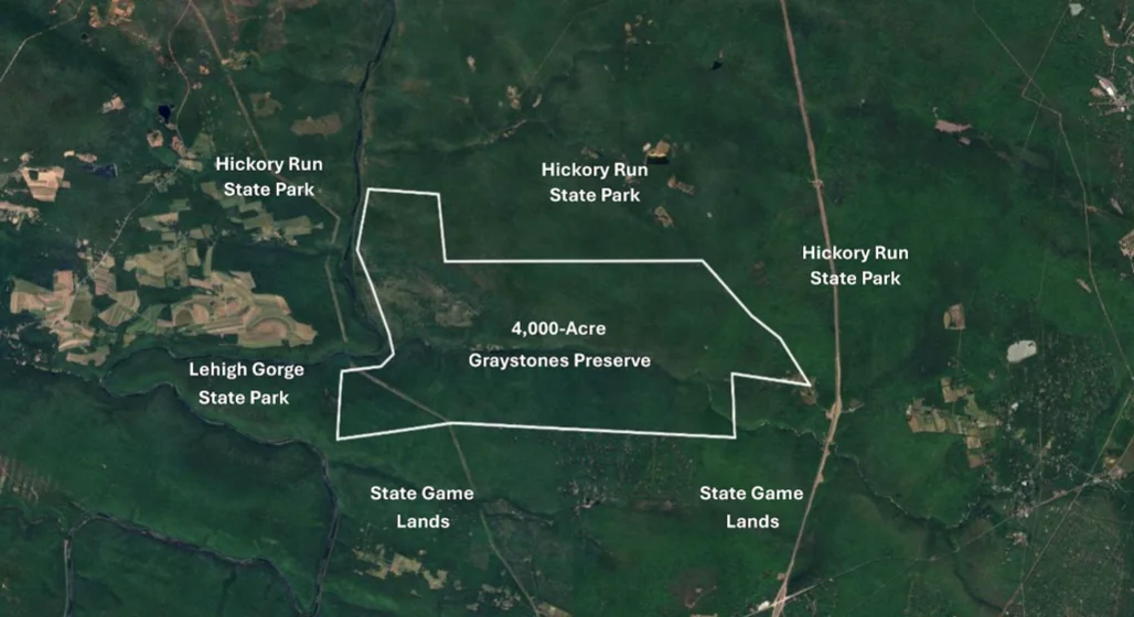 Aerial satellite map of the 4,000-acre Graystones Preserve surrounded by Hickory Run State Park, Lehigh Gorge State Park, and State Game Lands