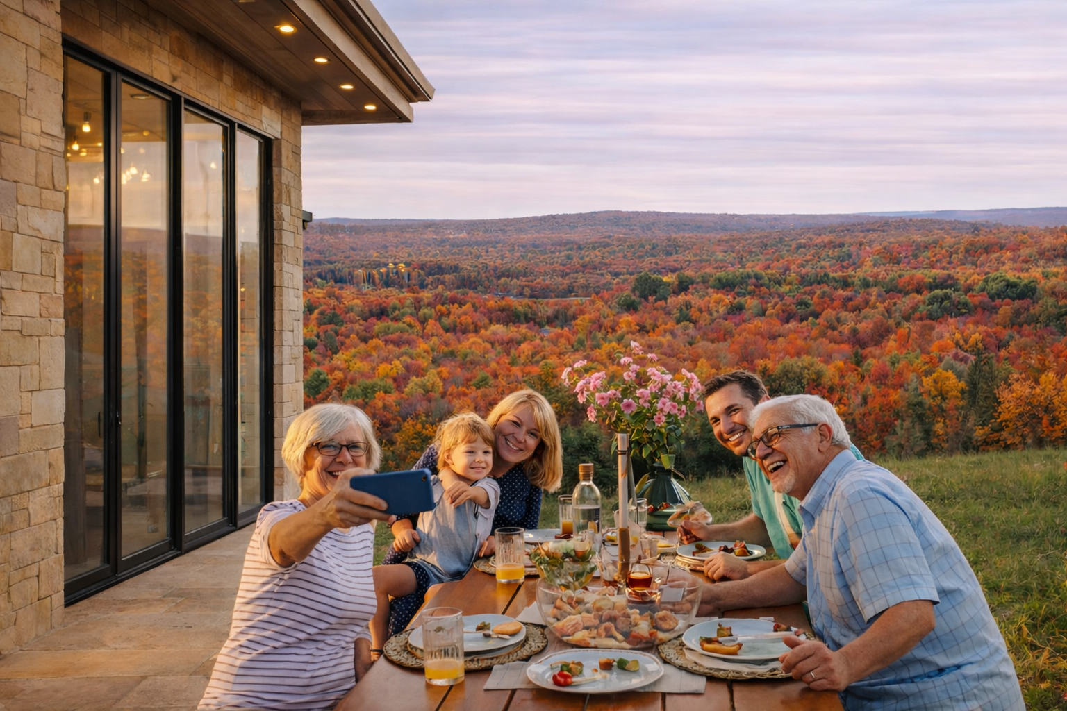 Multi-generational family enjoying dinner together on a stone porch with sweeping fall foliage views at Graystones Preserve