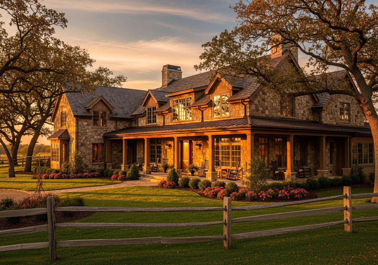 Traditional stone and timber estate residence with gabled roofs and mature landscaping