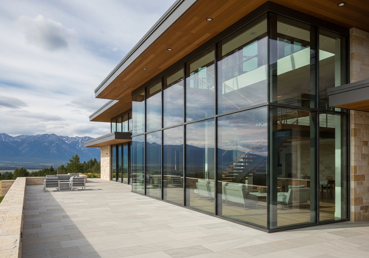 Modern LEED-certified smart home with floor-to-ceiling steel windows and panoramic mountain views