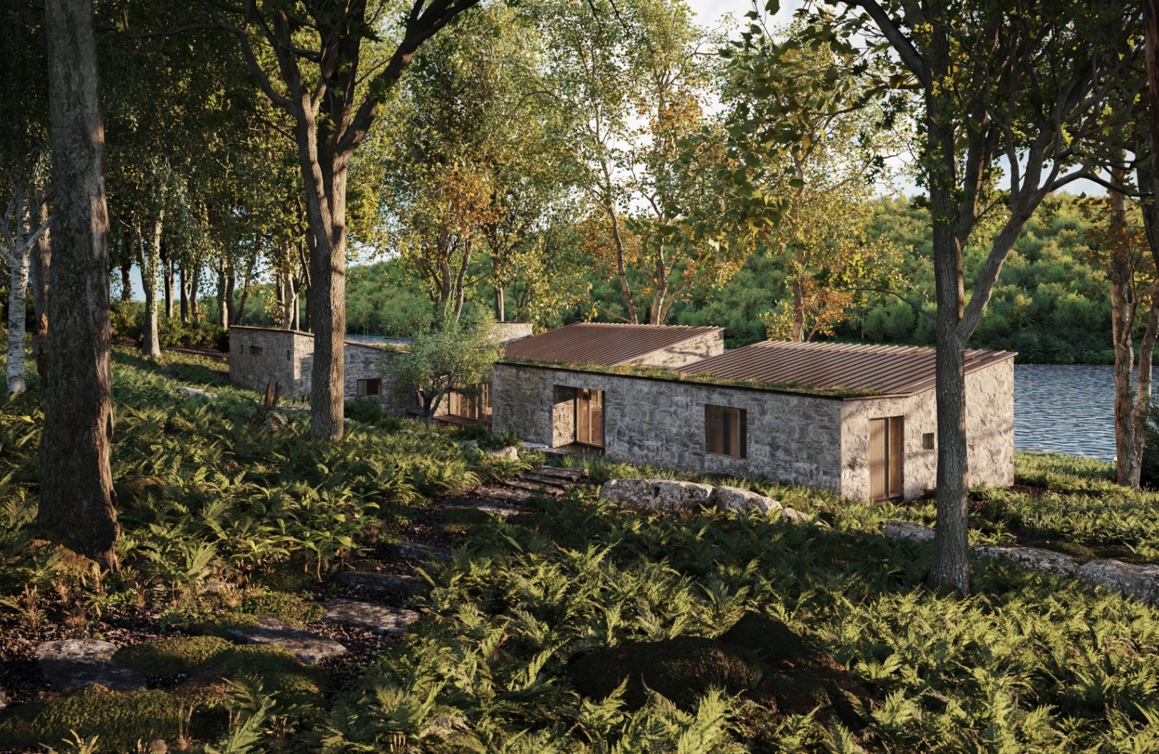 Contemporary sustainable residence with natural wood and glass, set within a wooded landscape