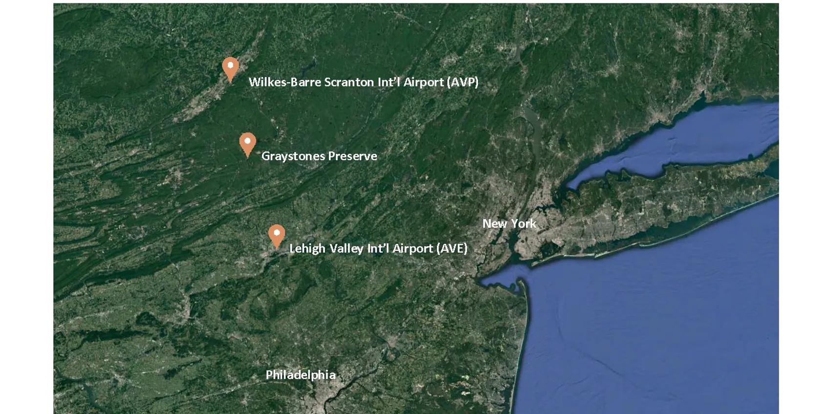 Map showing local airports near Graystones Preserve