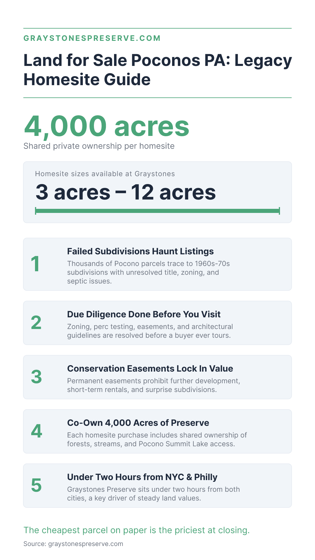 Land for Sale Poconos PA: Legacy Homesite Guide infographic showing 4,000 acres of shared ownership, 3–12 acre homesites, and 5 key reasons to buy at Graystones Preserve
