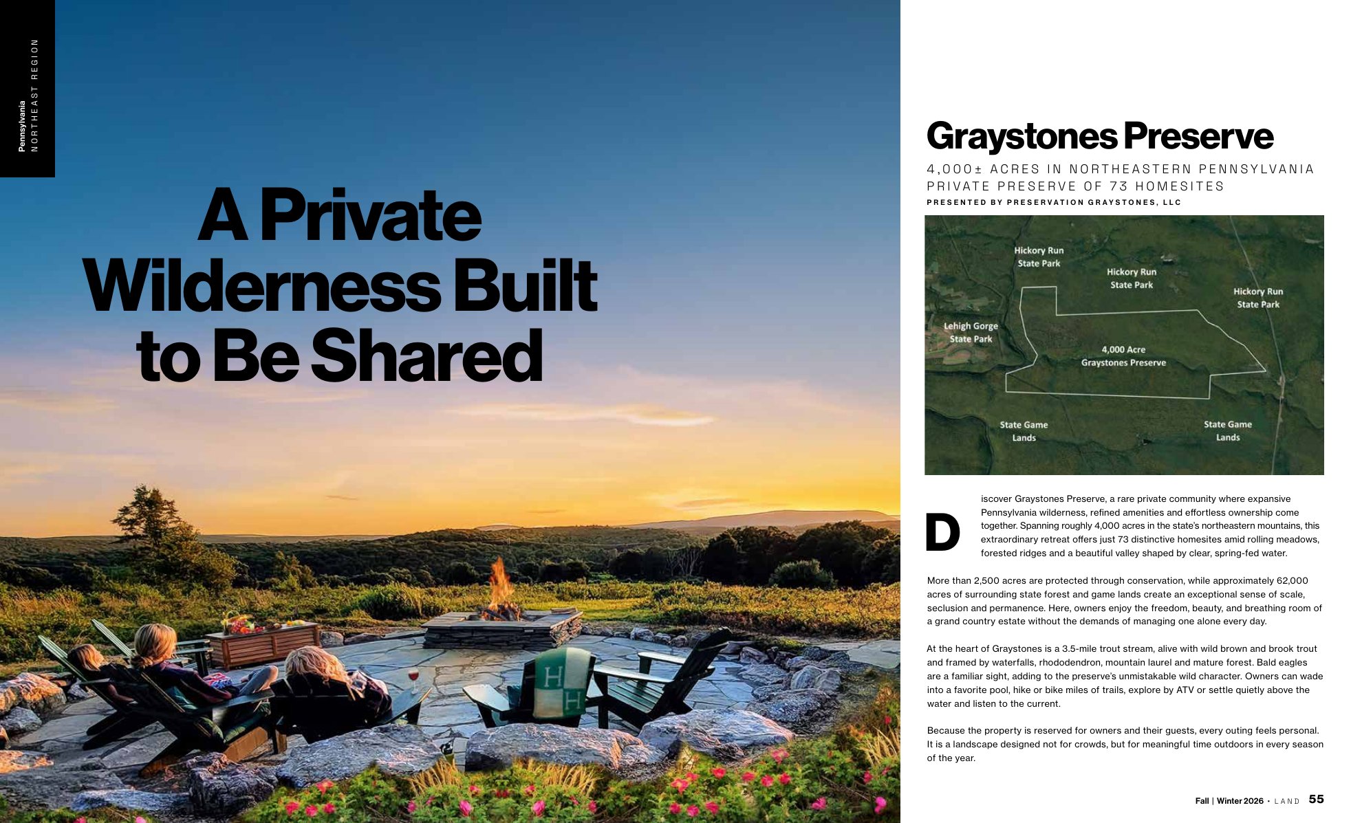 Land Magazine feature spread on Graystones Preserve, A Private Wilderness Built to Be Shared