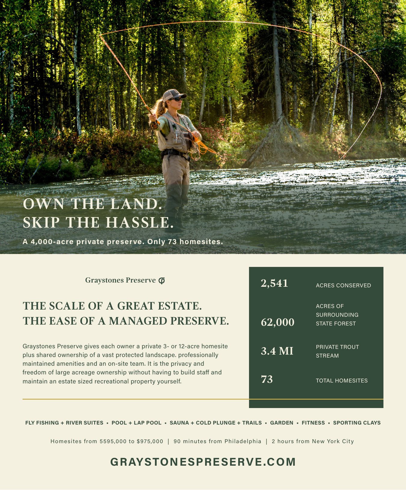 Graystones Preserve ad in Land Magazine: own the land, skip the hassle